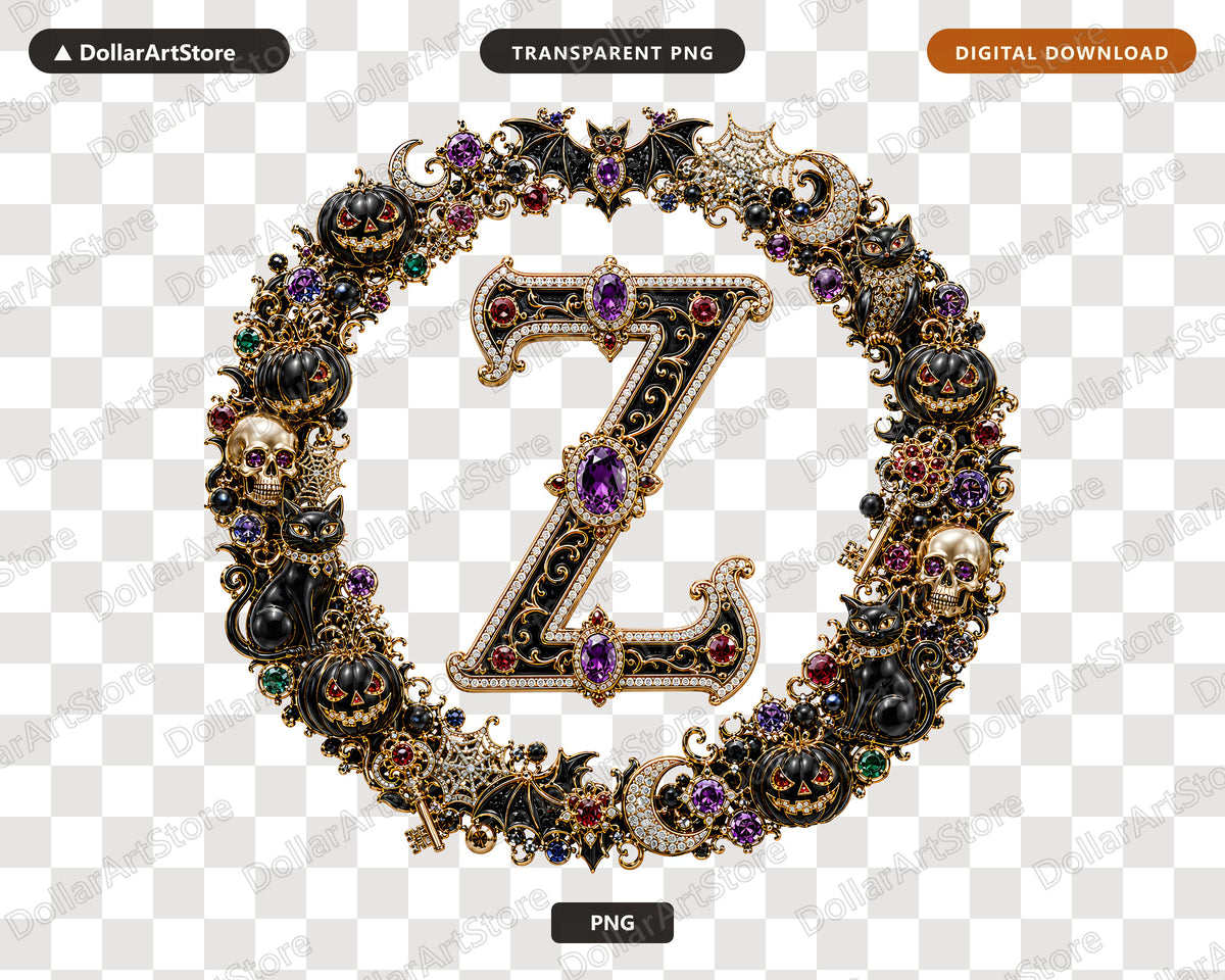 Letter Z Halloween Monogram PNG, Gothic Gold Skull Sublimation Design