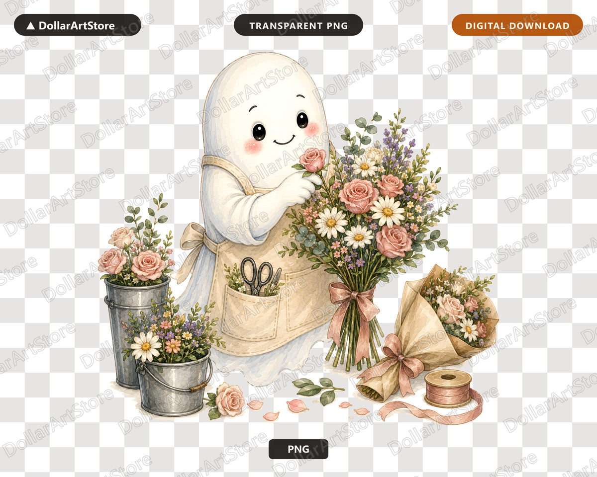 Cute Ghost PNG Sublimation Design, Florist Ghost Shirt, POD Digital Download