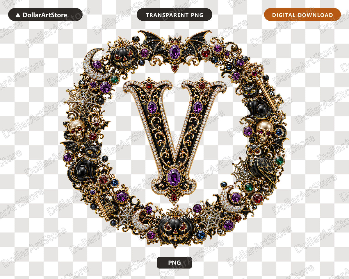 Gothic Monogram Letter V PNG, Luxury Halloween Sublimation Design, Print on Demand