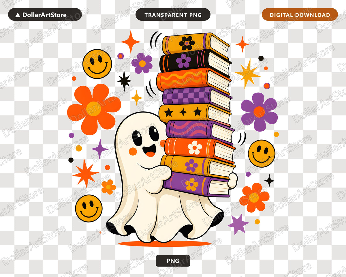 Bookish Ghost PNG, Retro Sublimation Design, Groovy Shirt Design Digital Download