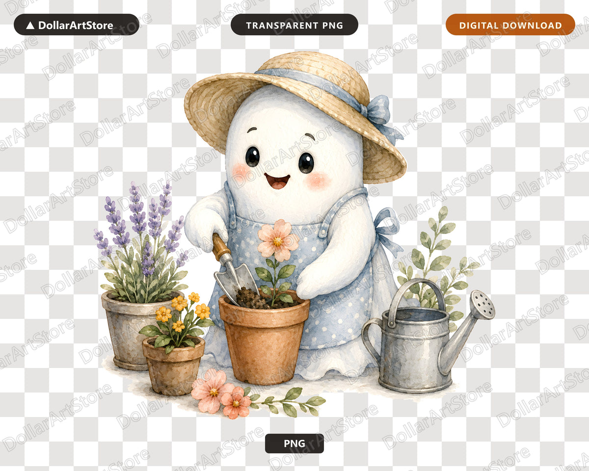 Gardening Ghost PNG, Cute Character Design, Sublimation Print-on-Demand Download