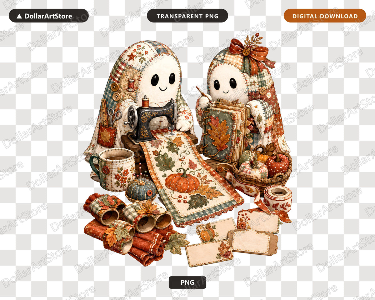 Crafting Ghosts PNG, Autumn Sewing Design, Sublimation Digital Download