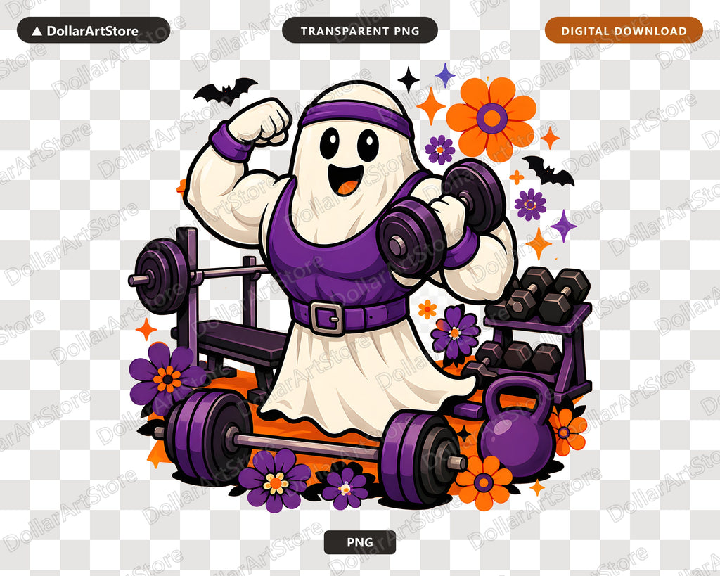Cute Gym Ghost PNG, Funny Halloween Fitness Sublimation Design Digital Download