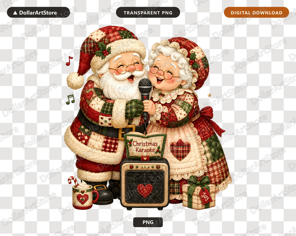 Santa & Mrs Claus Karaoke PNG, Patchwork Christmas Design, Sublimation Download