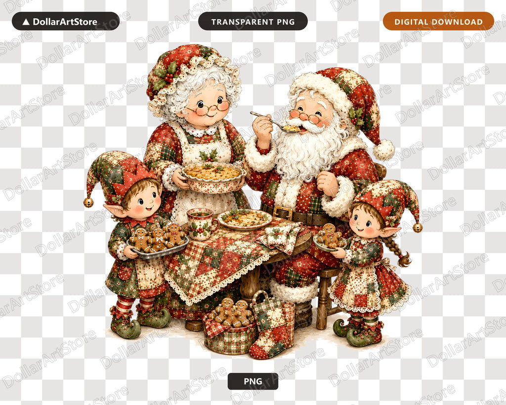 Santa Patchwork PNG, Mrs Claus Elves Christmas Sublimation Design Digital Download