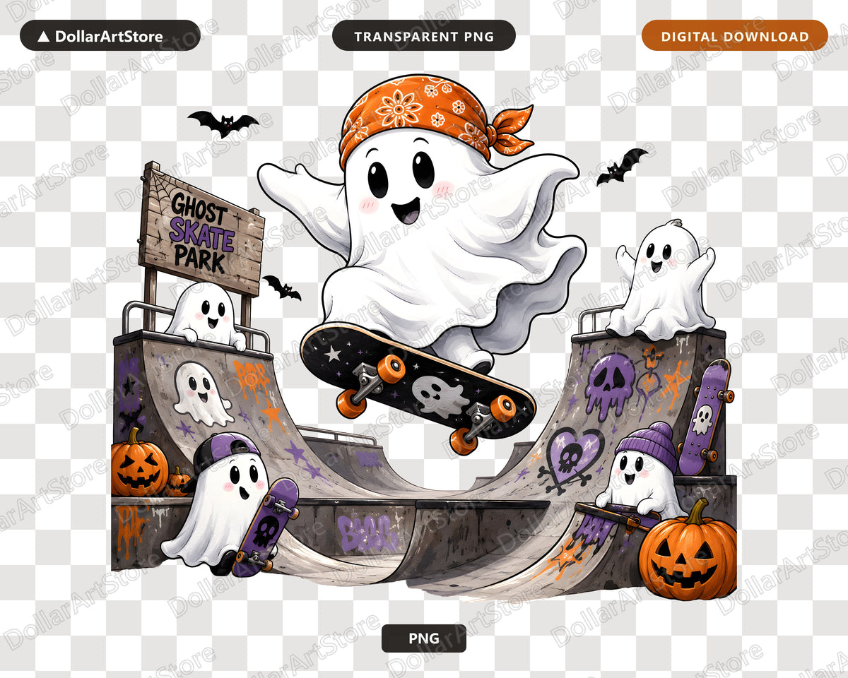 Cute Halloween Ghost Skate Park PNG, Sublimation Design, Shirt Design Digital Download