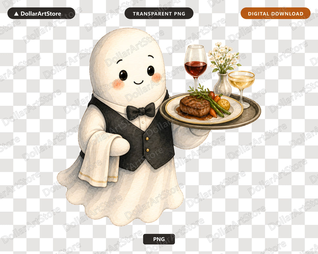 Cute Ghost Waiter PNG, Sublimation Design, Shirt Design Digital Download