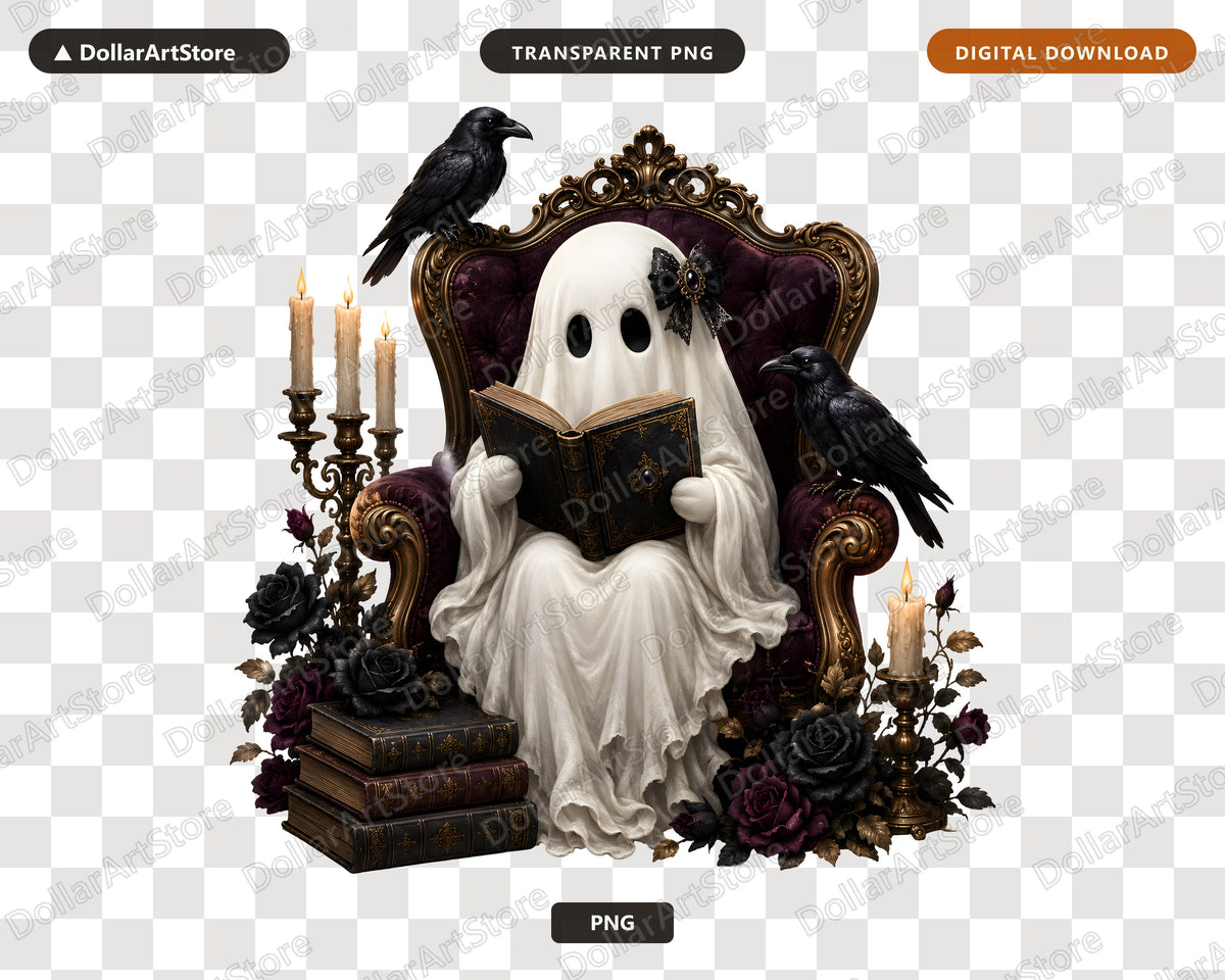 Bookish Ghost PNG, Dark Academia Sublimation Design, Halloween Shirt Design Digital Download
