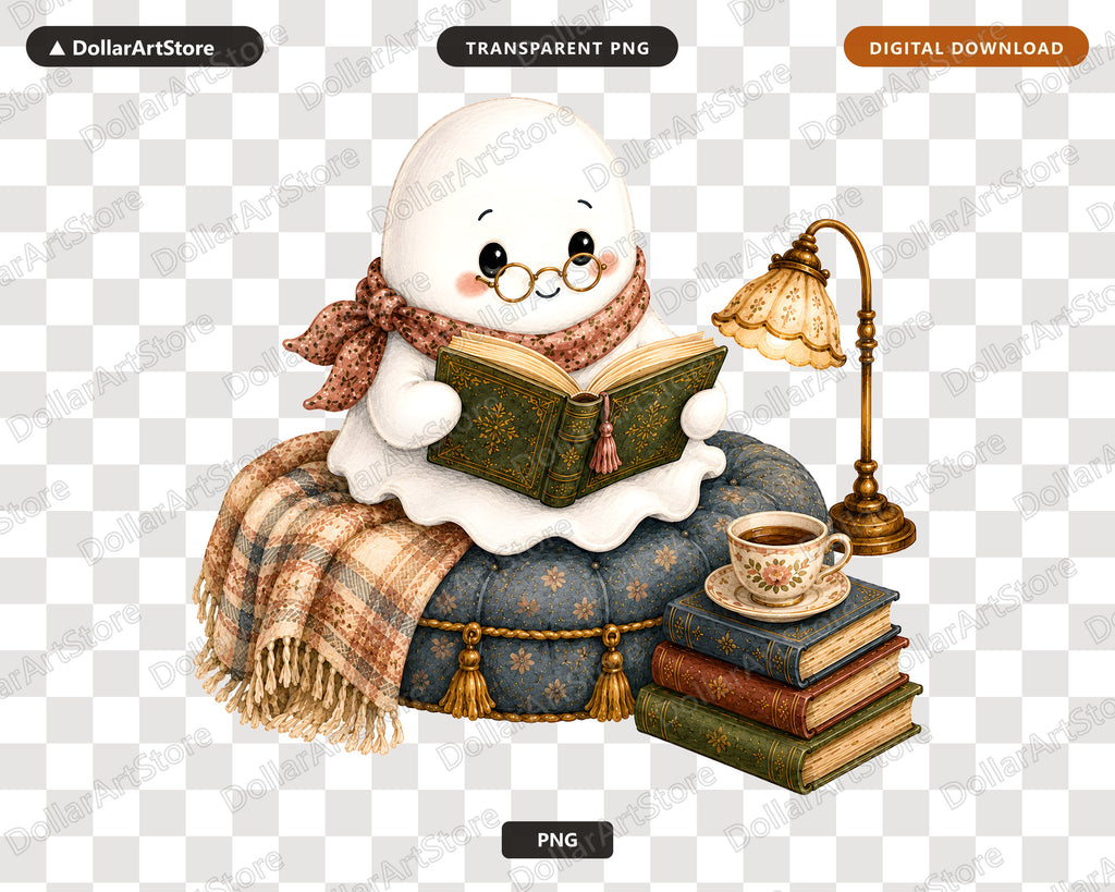 Cozy Ghost PNG, Reading Illustration, Sublimation Design Digital Download