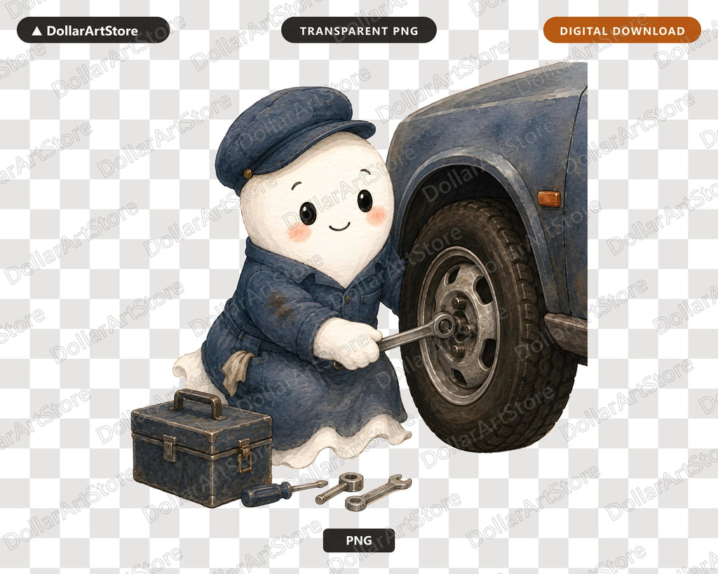 Cute Mechanic Ghost PNG, Vintage Sublimation Design, Shirt Print Digital Download