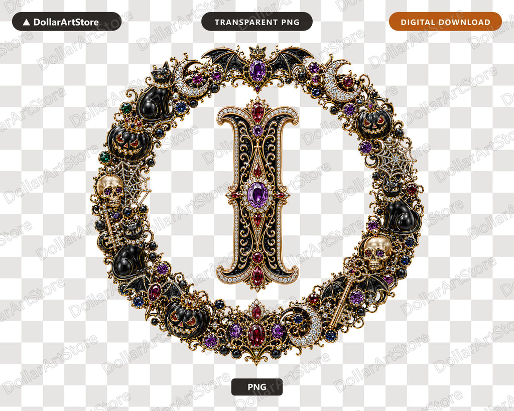 Halloween Monogram I PNG, Ornate Gothic Letter Design, Transparent Background Digital Download