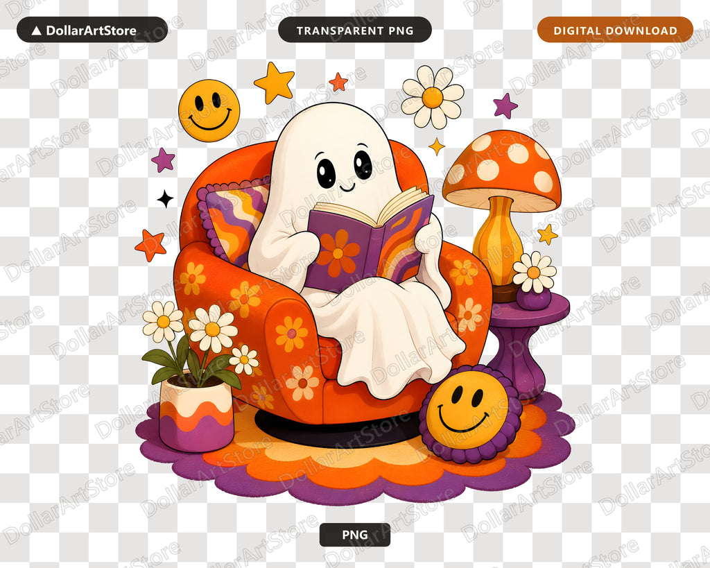 Bookish Ghost PNG, Retro Reading Design, Halloween Shirt Digital Download