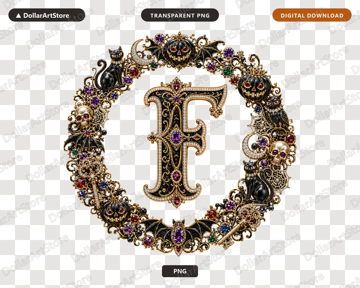 Halloween Monogram F PNG, Gothic Letter Design, Sublimation PNG Digital Download
