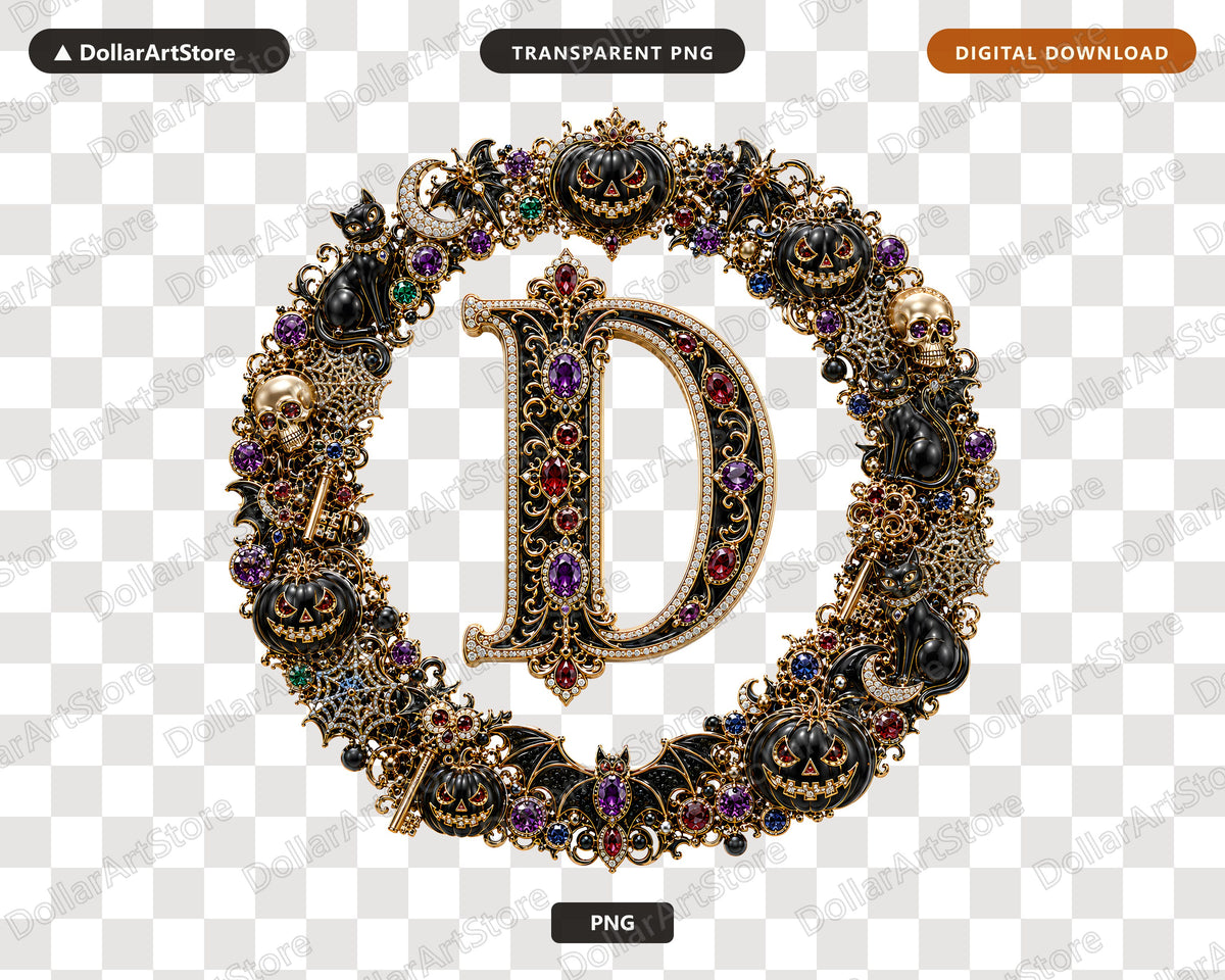 Halloween Letter D PNG, Ornate Monogram, Sublimation Design Digital Download