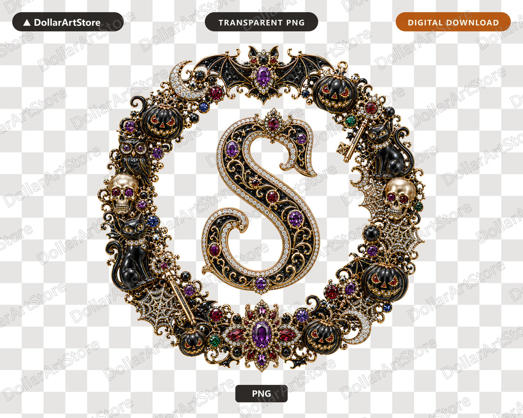 Halloween Monogram S PNG, Gothic Ornate Design, Sublimation Print