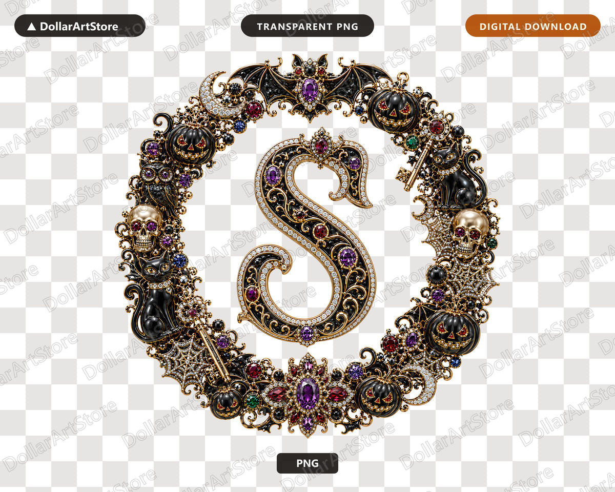 Halloween Monogram S PNG, Gothic Ornate Design, Sublimation Print