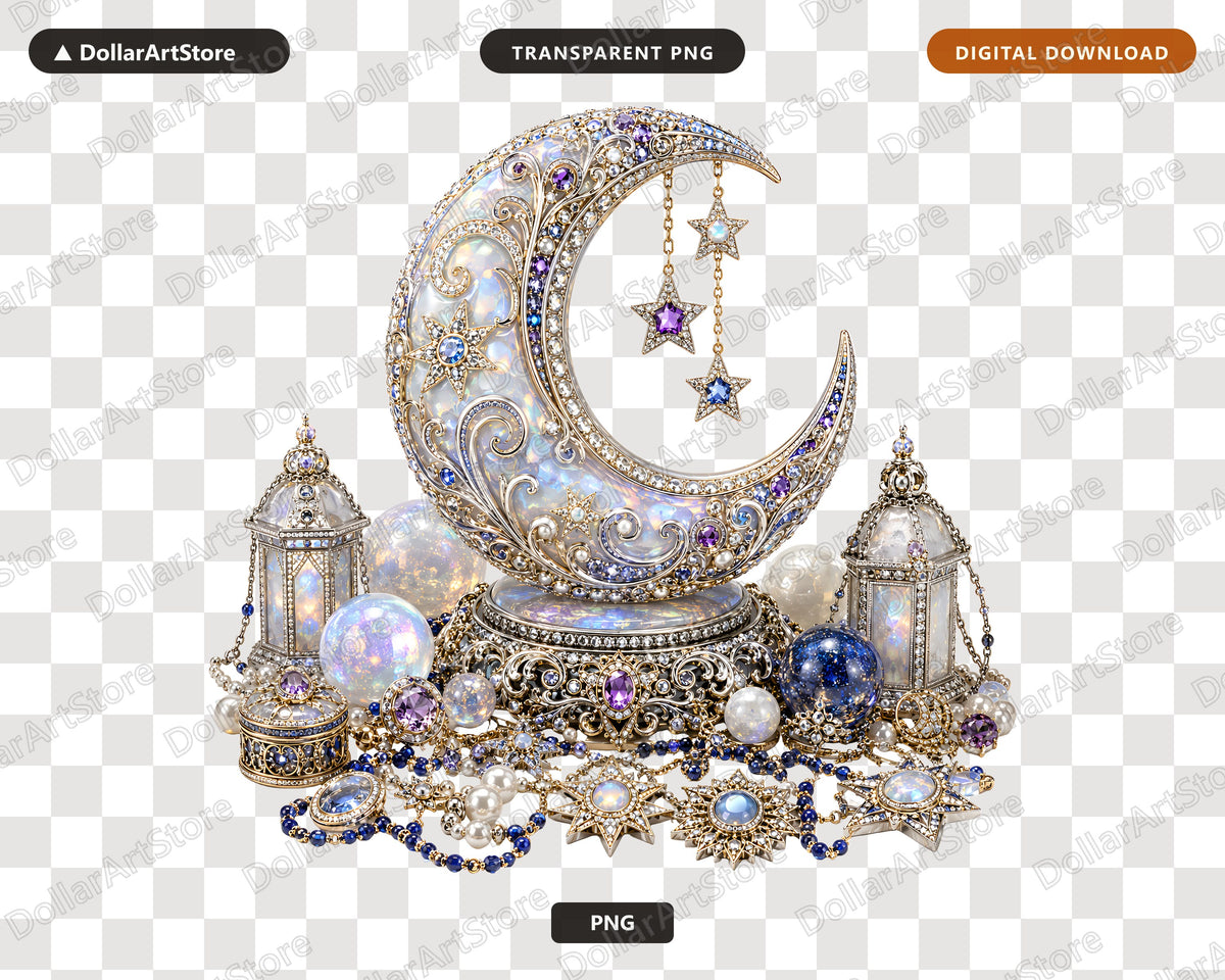 Ornate Celestial Moon PNG, Gothic Jewelry Design, Sublimation Download