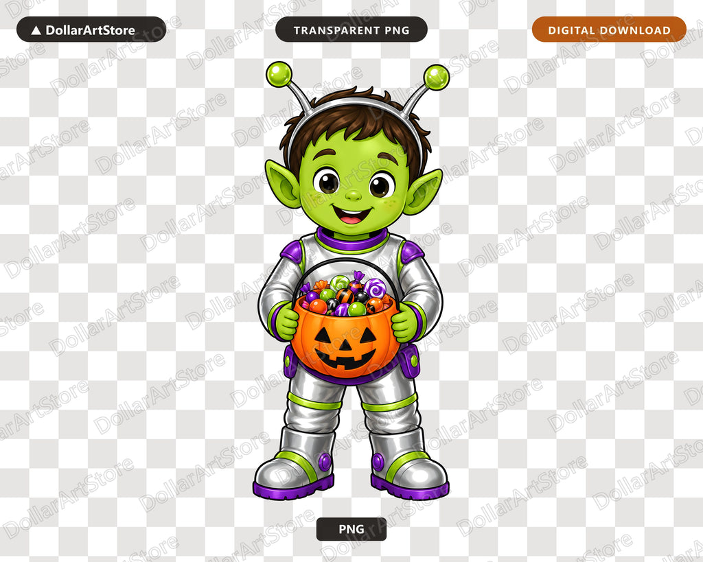 Cute Alien Trick-or-Treat Halloween PNG, Kids Costume Design, Digital Download