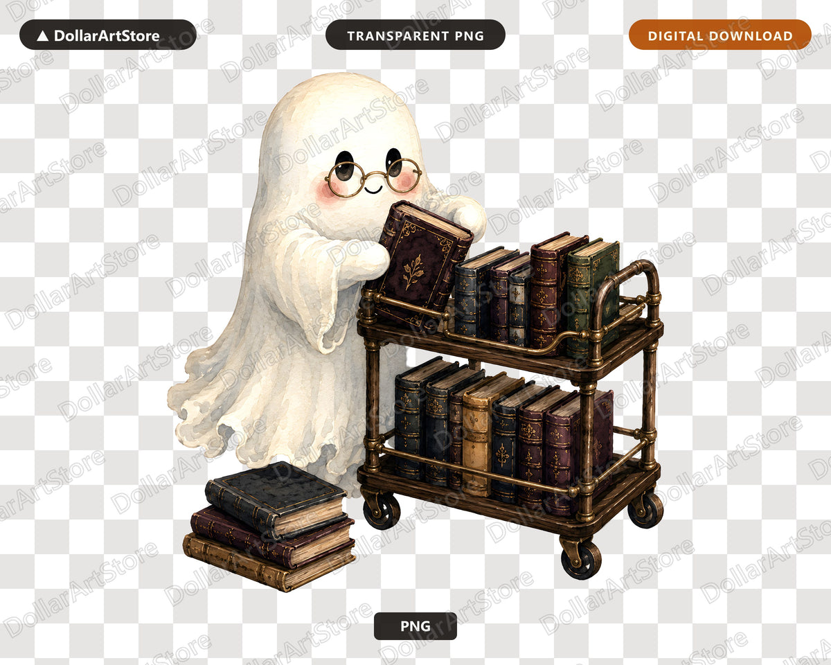 Bookish Ghost PNG Sublimation Design, Library Cart Shirt Print Digital Download