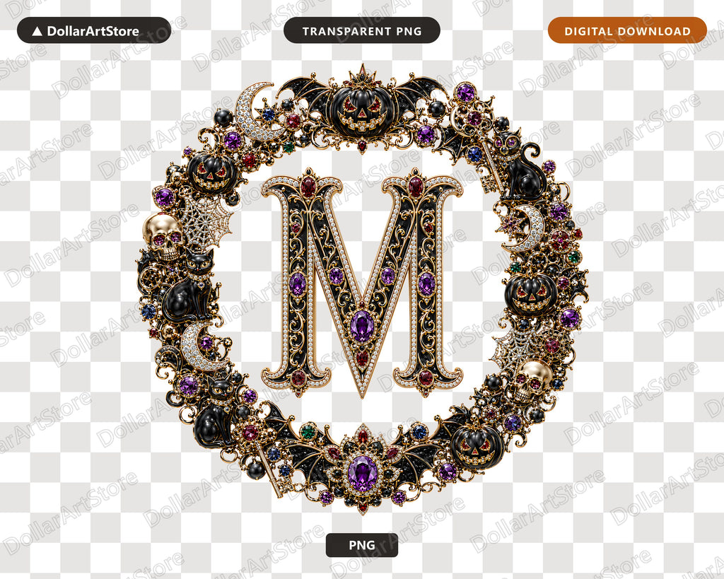 Halloween Monogram M PNG, Spooky Ornamental Letter Design, Sublimation Graphics