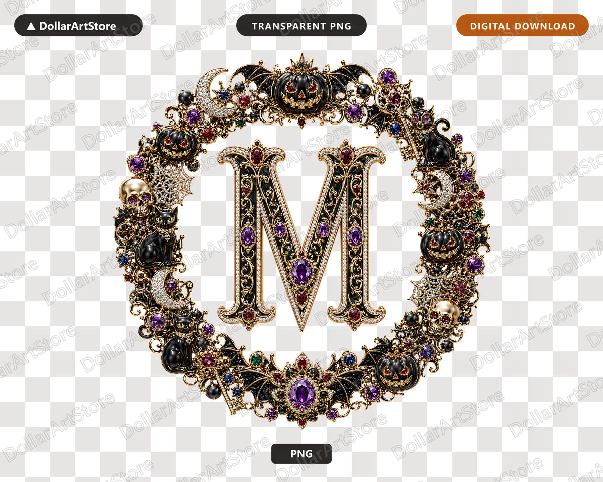 Halloween Monogram M PNG, Spooky Ornamental Letter Design, Sublimation Graphics