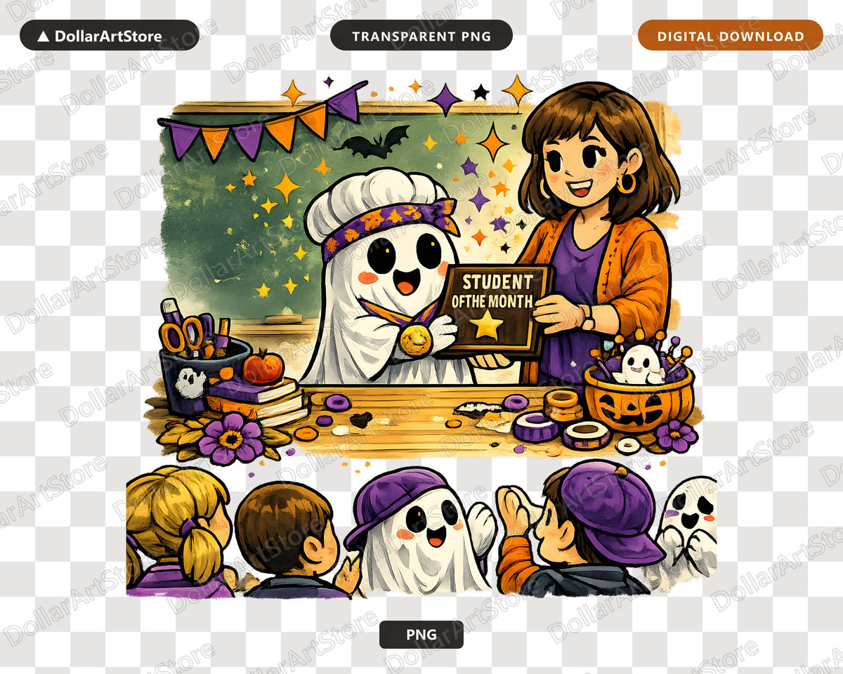Cute Halloween Ghost PNG, Student of Month, Sublimation Design Digital Download