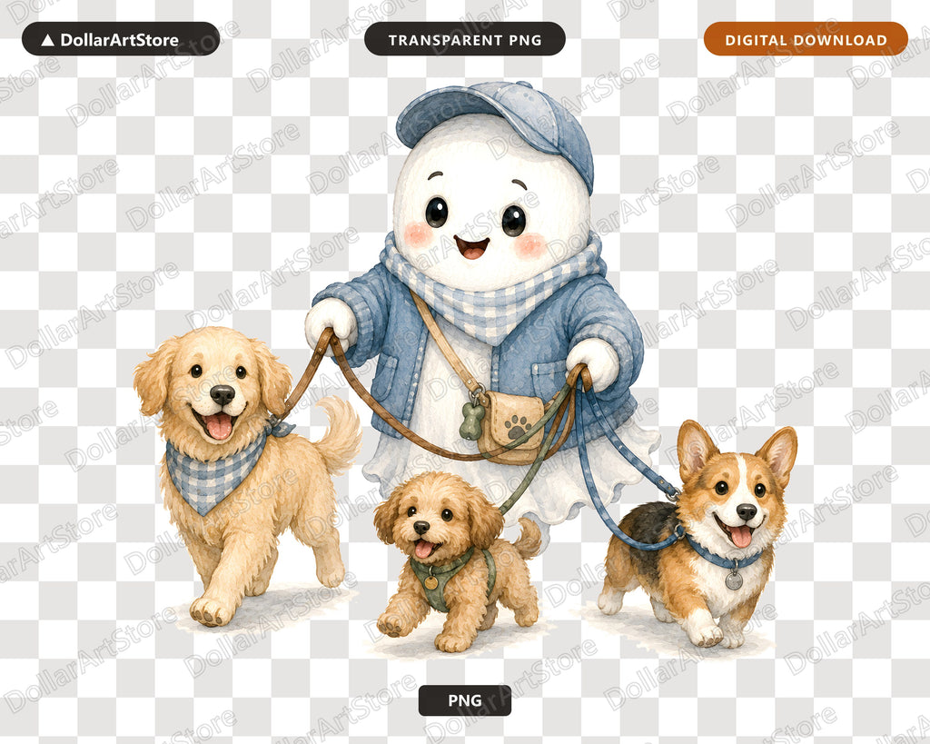 Cute Ghost Walking Dogs PNG, Sublimation Design, Shirt Design Digital Download
