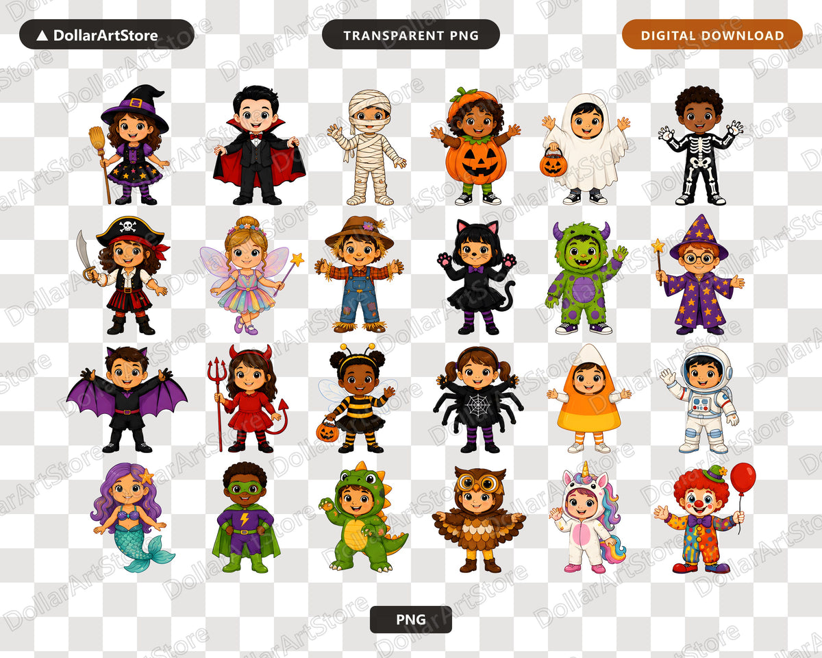 Halloween Costume Kids PNG, 16 Cute Characters, Sublimation Design
