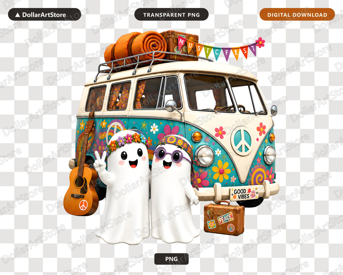 Cute Halloween Ghost PNG, Groovy VW Van, Sublimation Design, Shirt & Tumbler