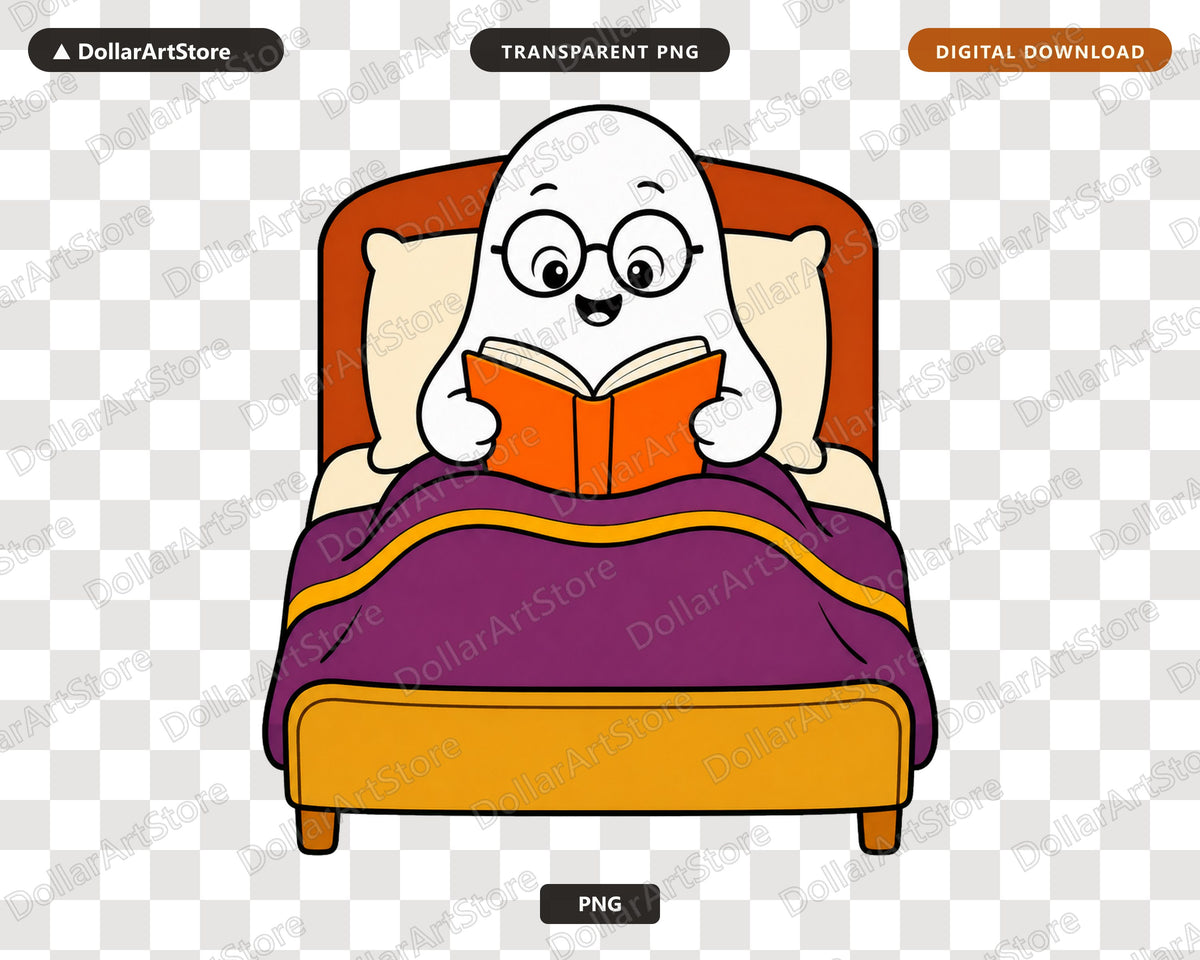 Bookish Ghost PNG, Reading in Bed, Sublimation Design Digital Download