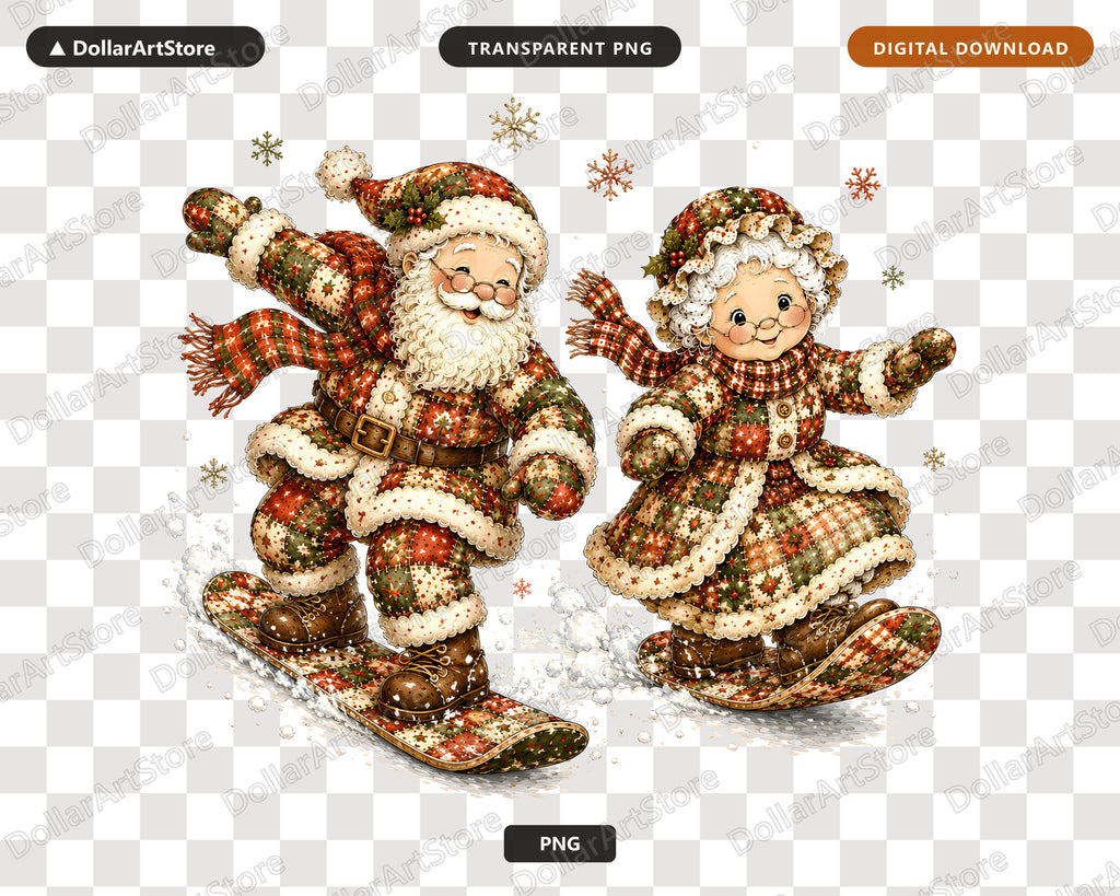 Patchwork Santa PNG Sublimation Design, Skiing Christmas Shirt Design