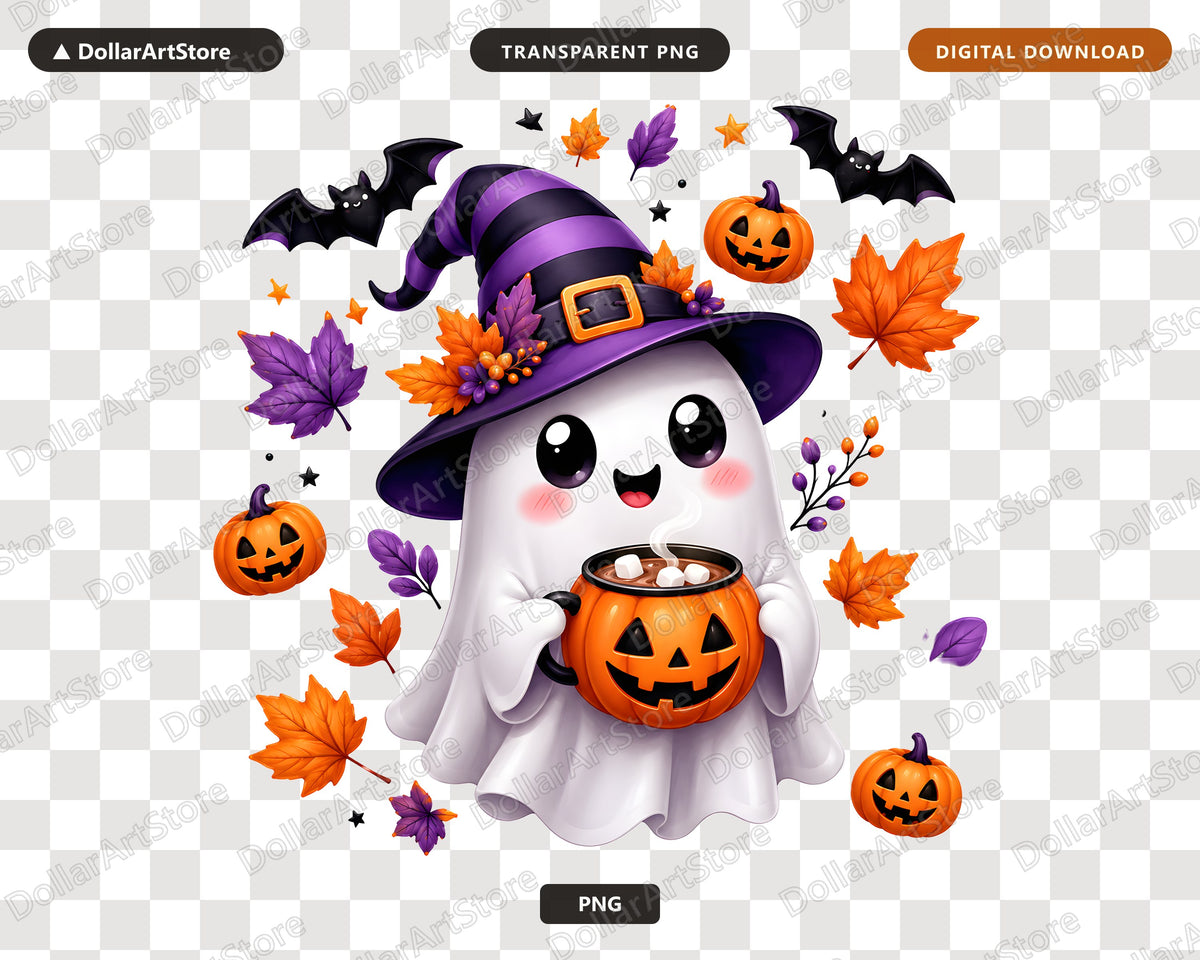 Cute Halloween Ghost PNG, Witch Hat Design, Sublimation Shirt Print
