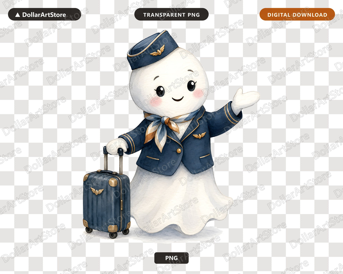 Cute Pilot Ghost PNG, Vintage Airline Steward Design, Sublimation Download