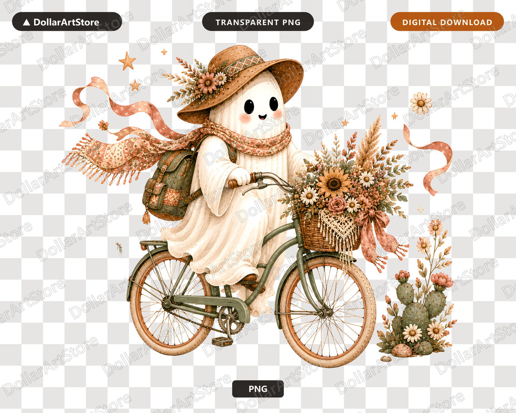 Boho Ghost PNG, Bicycle Sublimation Design, Autumn Shirt Design Digital Download