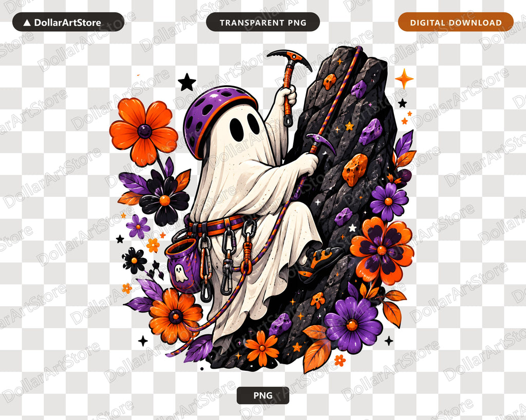 Cute Halloween Ghost PNG, Sublimation Shirt Design, Reaper Climbing Rock