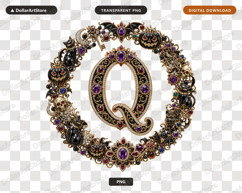 Halloween Monogram Letter Q PNG, Ornate Gothic Design, Sublimation Shirt Digital Download