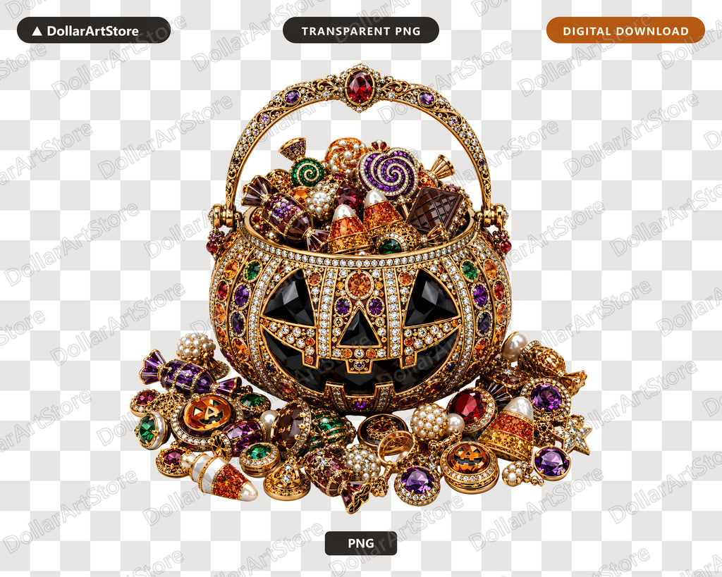 Luxury Jeweled Pumpkin Basket PNG, Halloween Sublimation Design Digital Download