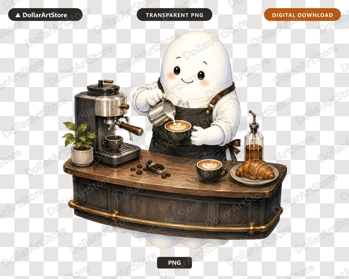 Cute Coffee Barista Ghost PNG, Sublimation Design, Shirt & Tumbler Design Digital Download
