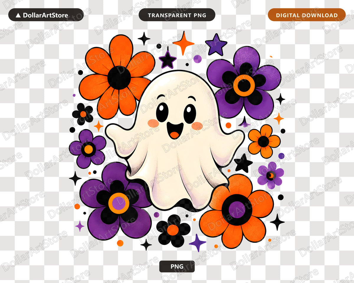 Cute Halloween Ghost PNG, Flower Sublimation Design, Shirt & Tumbler Print