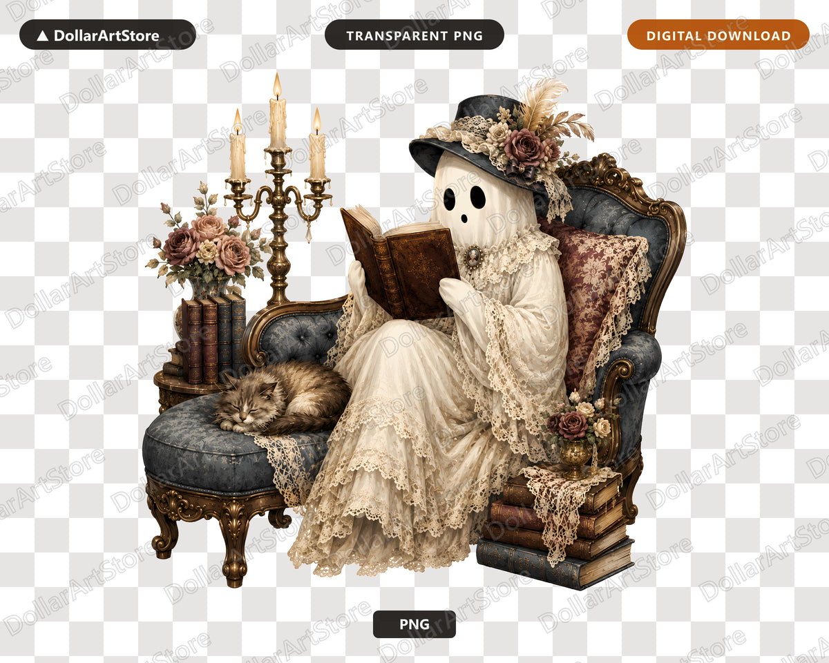 Bookish Ghost PNG, Vintage Gothic Sublimation Design, Digital Download