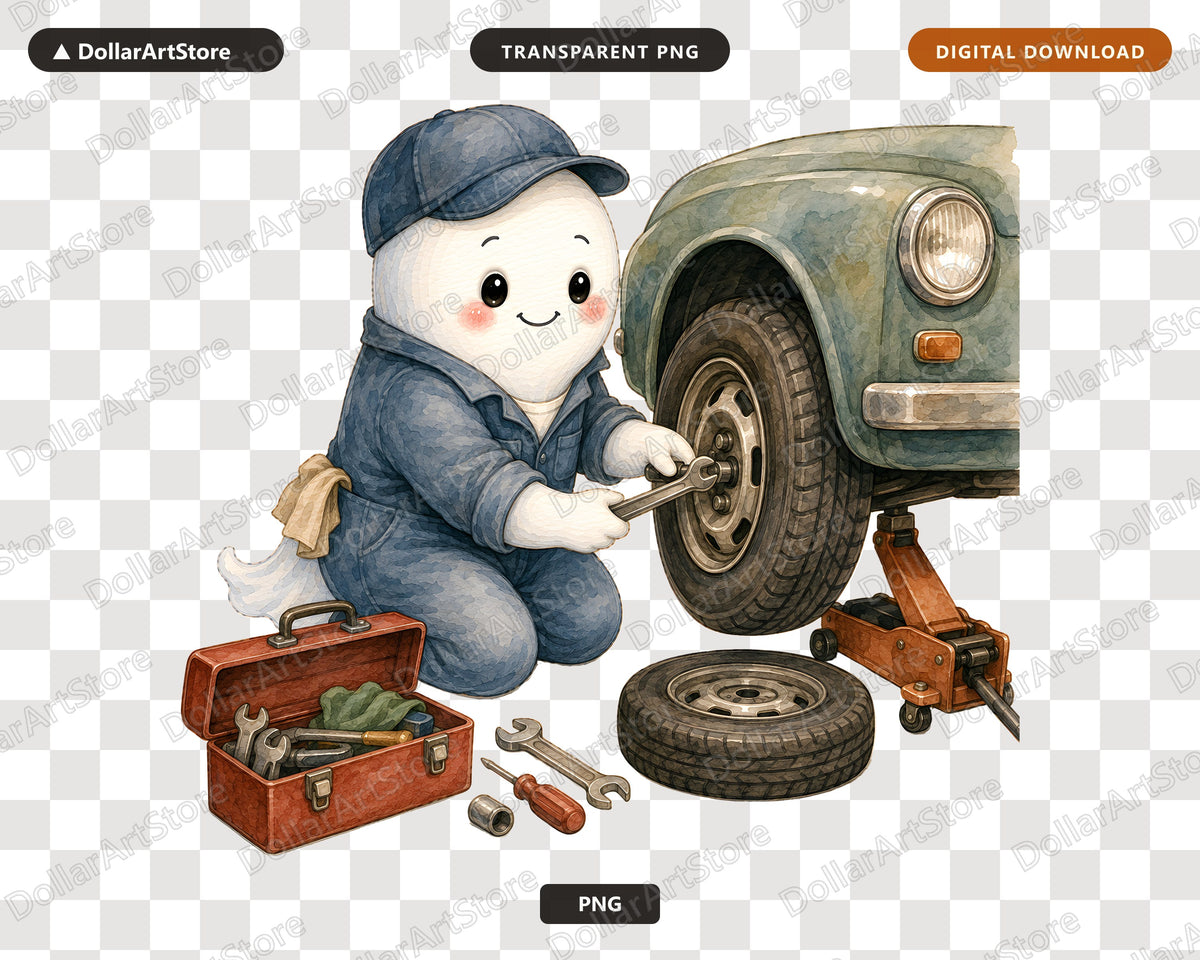 Cute Ghost Mechanic PNG, Vintage Car Repair Design, Sublimation Download