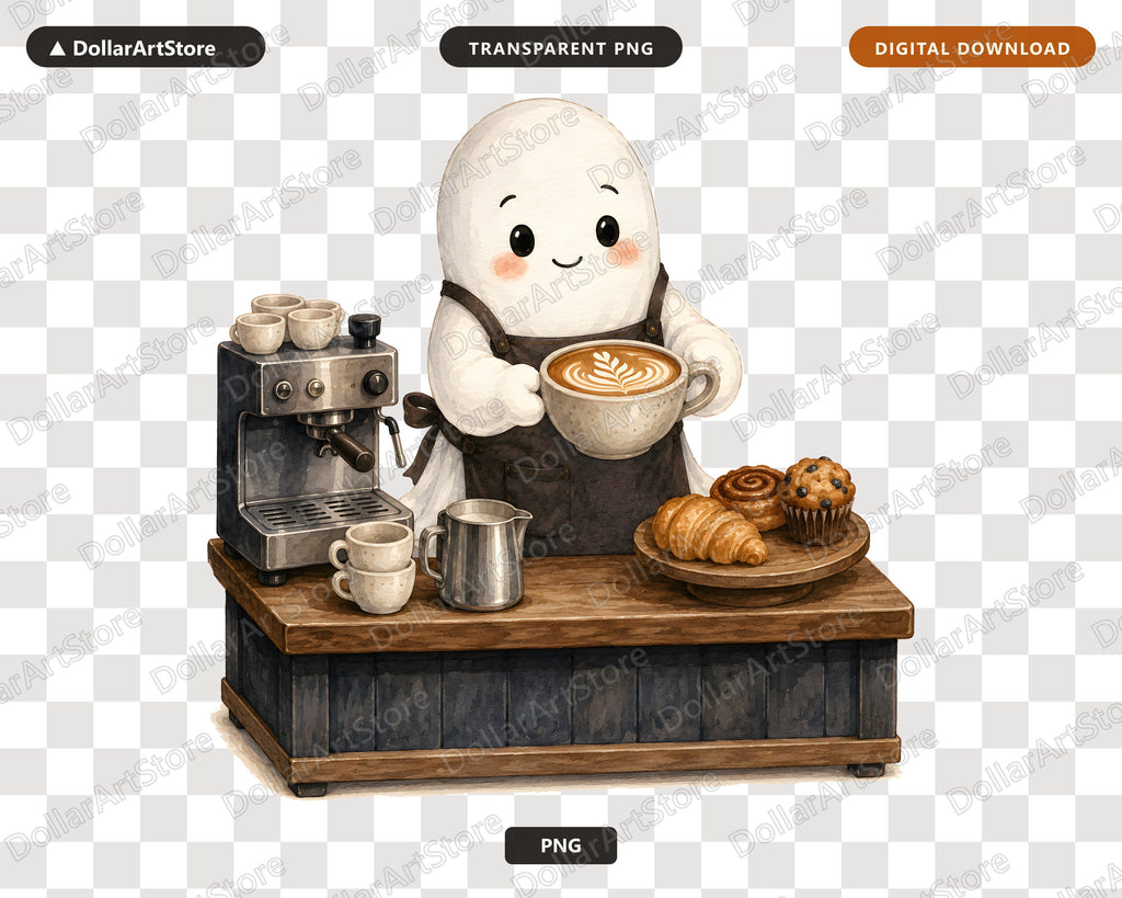 Cute Ghost Barista PNG, Sublimation Design, Coffee Shirt PNG Digital Download