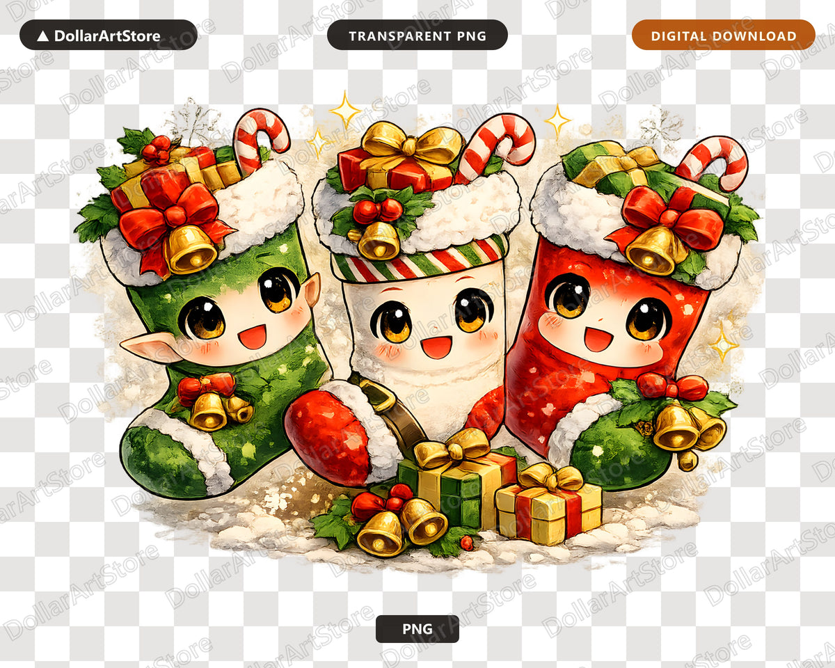 Cute Christmas Stockings PNG, Kawaii Holiday Design, Sublimation Digital Download
