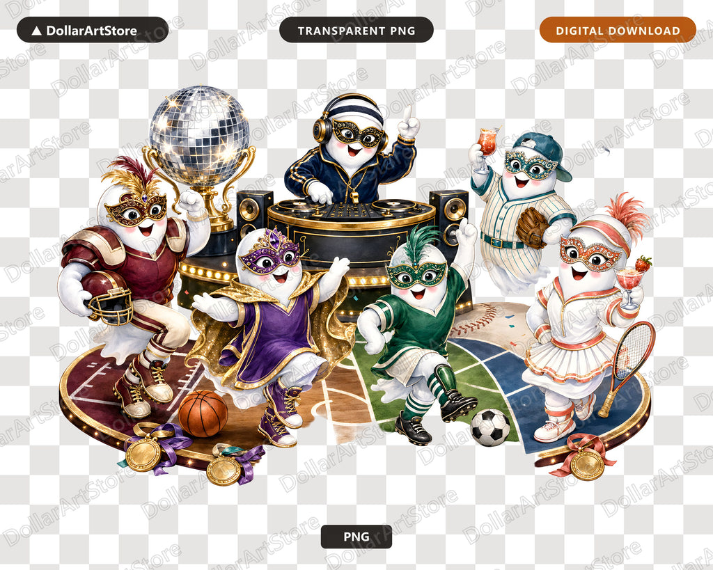 Cute Ghost Masquerade Party Characters PNG, Sports Costume Celebration Design for Sublimation Digital Download
