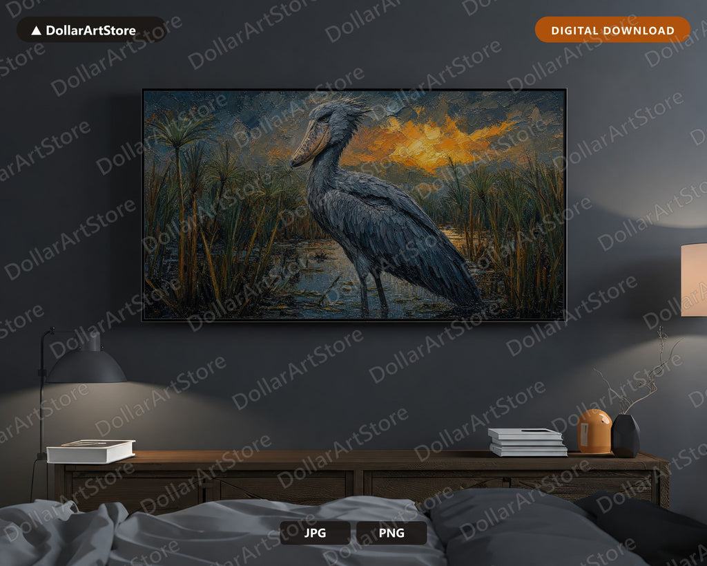 Cozy African Wildlife Frame TV Art, Shoebill Wetland Scenery Samsung Frame TV Digital Download 4K