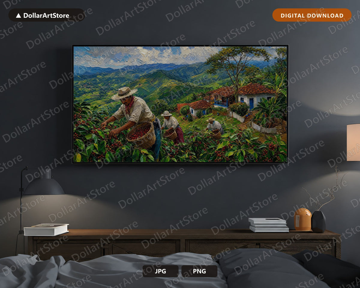 Cozy Mountain Coffee Farm Frame TV Art, Samsung Frame Digital Download, 4K Textured Harvest Landscape