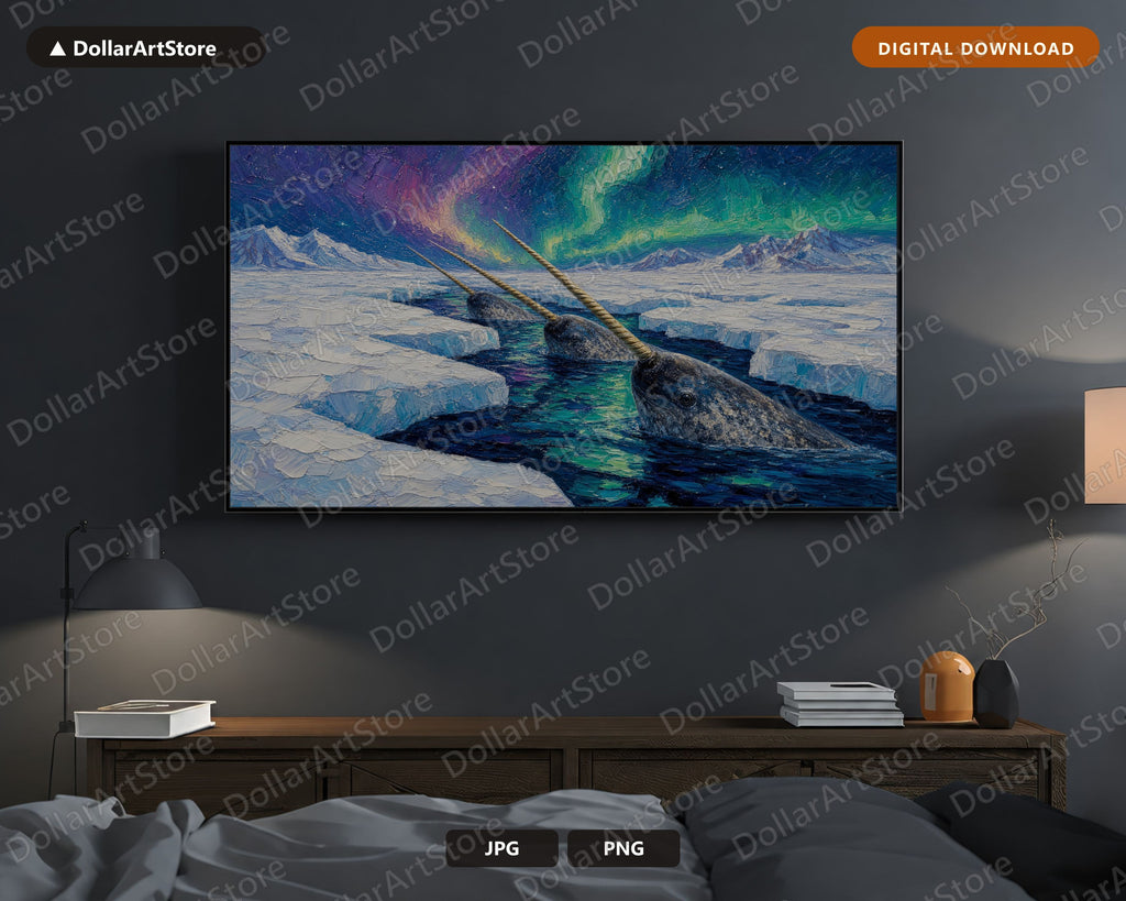 Cozy Arctic Narwhal in Polar Aurora Frame TV Art