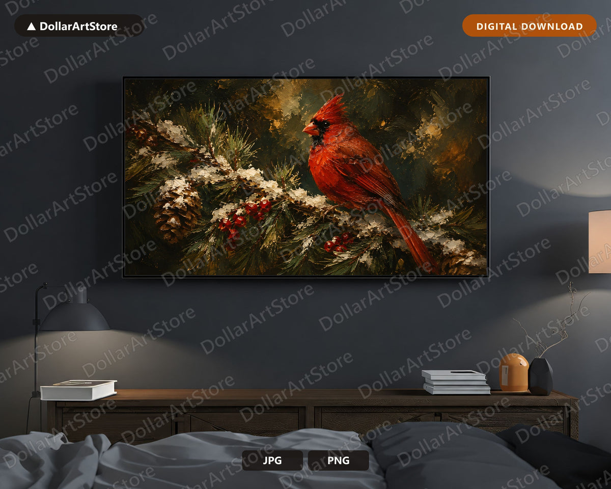 Cozy Holiday Cardinal Frame TV Art, Samsung Frame TV Digital Download, 4K Textured Winter Screensaver