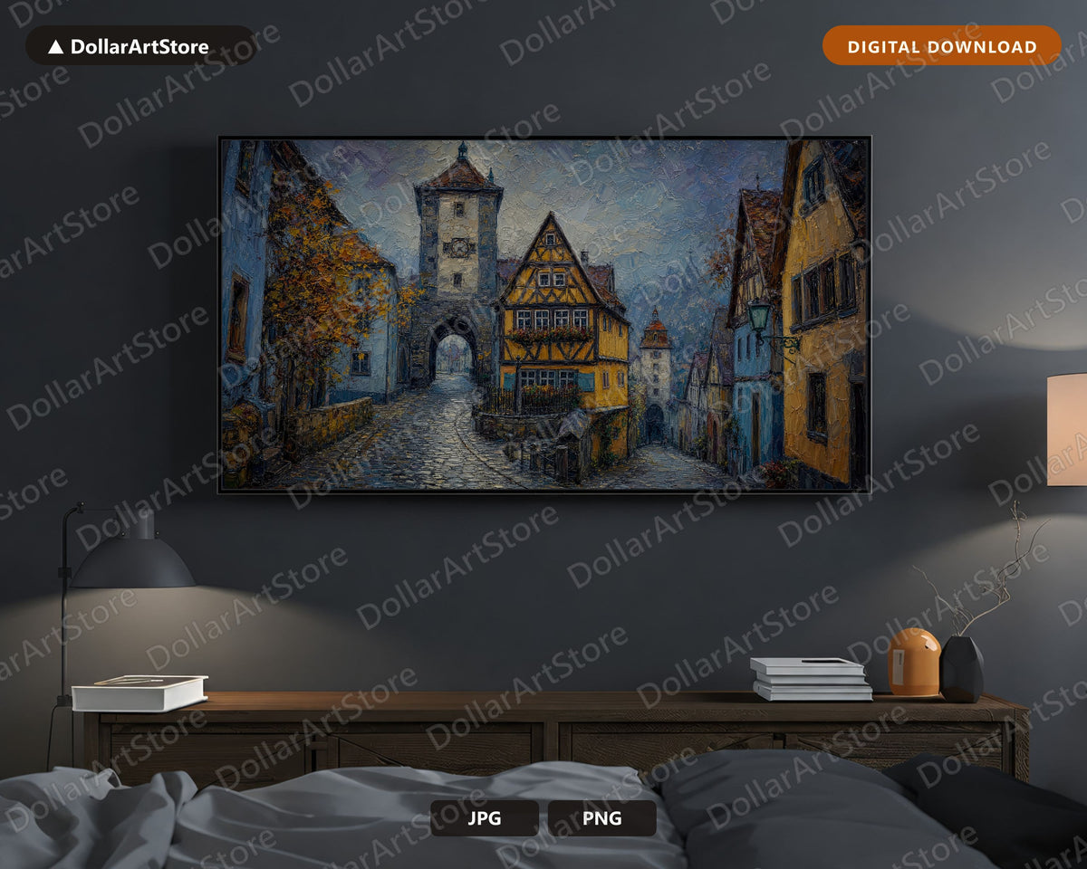 Cozy Medieval European Town Frame TV Art, Samsung Frame TV Digital Download, 4K Textured Scenery