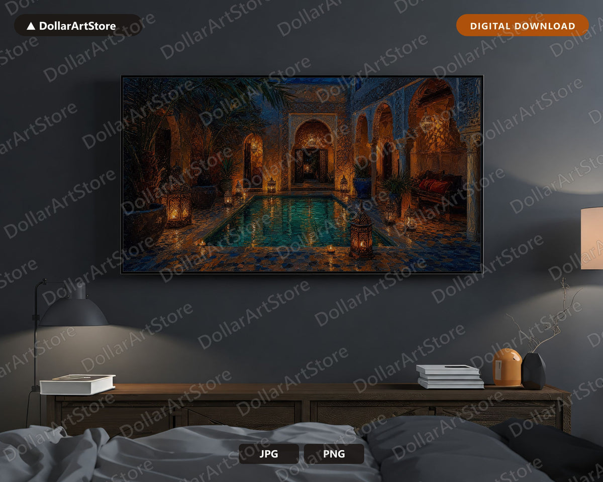 Cozy Moroccan Riad Courtyard Frame TV Art, Candlelit 4K Samsung Frame TV Digital Download